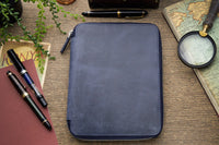 Galen Leather Zippered A5 Notebook Folio - Crazy Horse Navy Blue