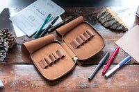 Galen Leather Zippered 10 Slot Pen Case - Brown