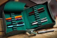 Galen Leather Zippered 40 Slot Pen Case - Crazy Horse Forest Green