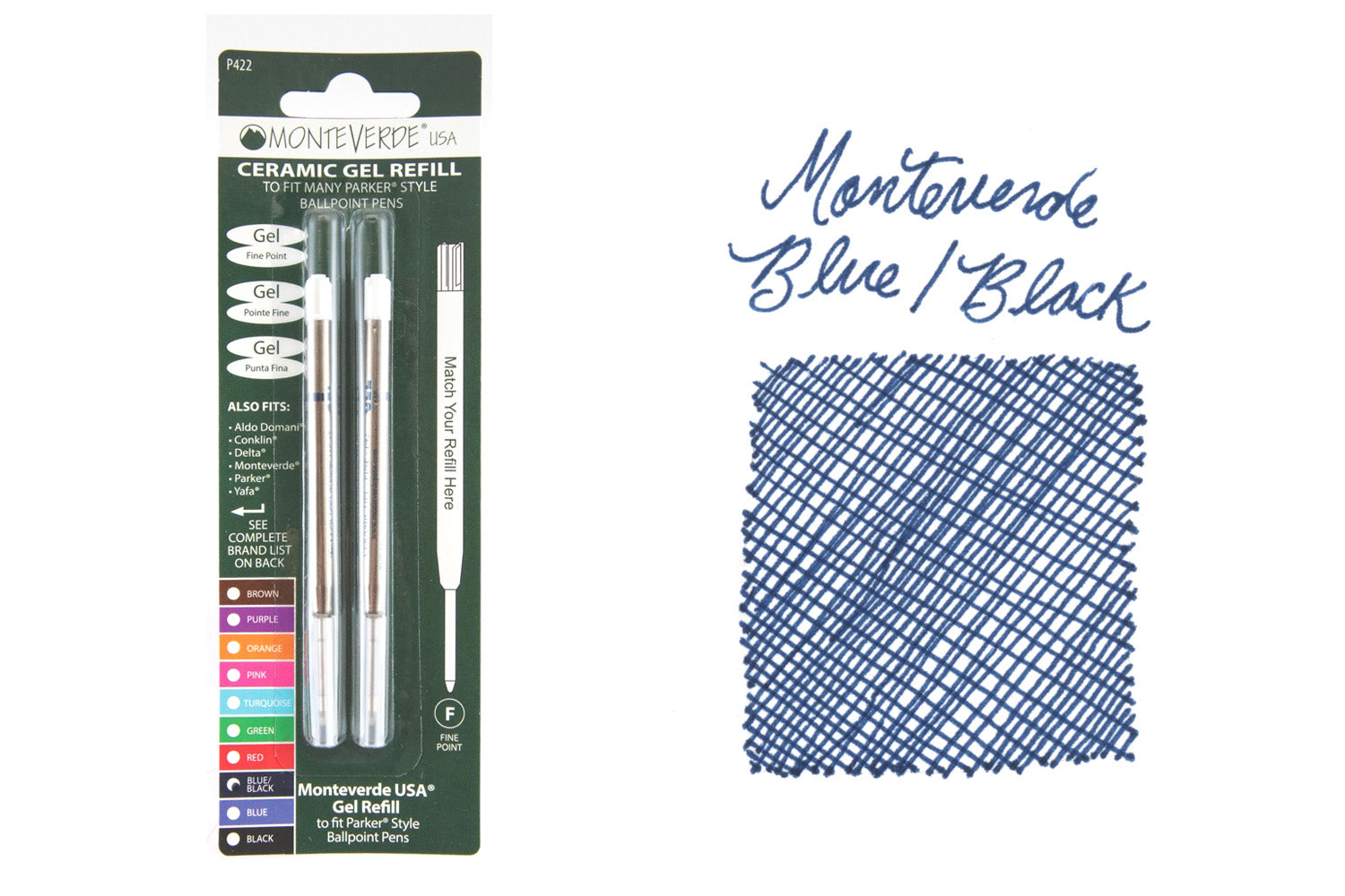 Monteverde P42 Rollerball Refills - Blue/Black, 2-Pack